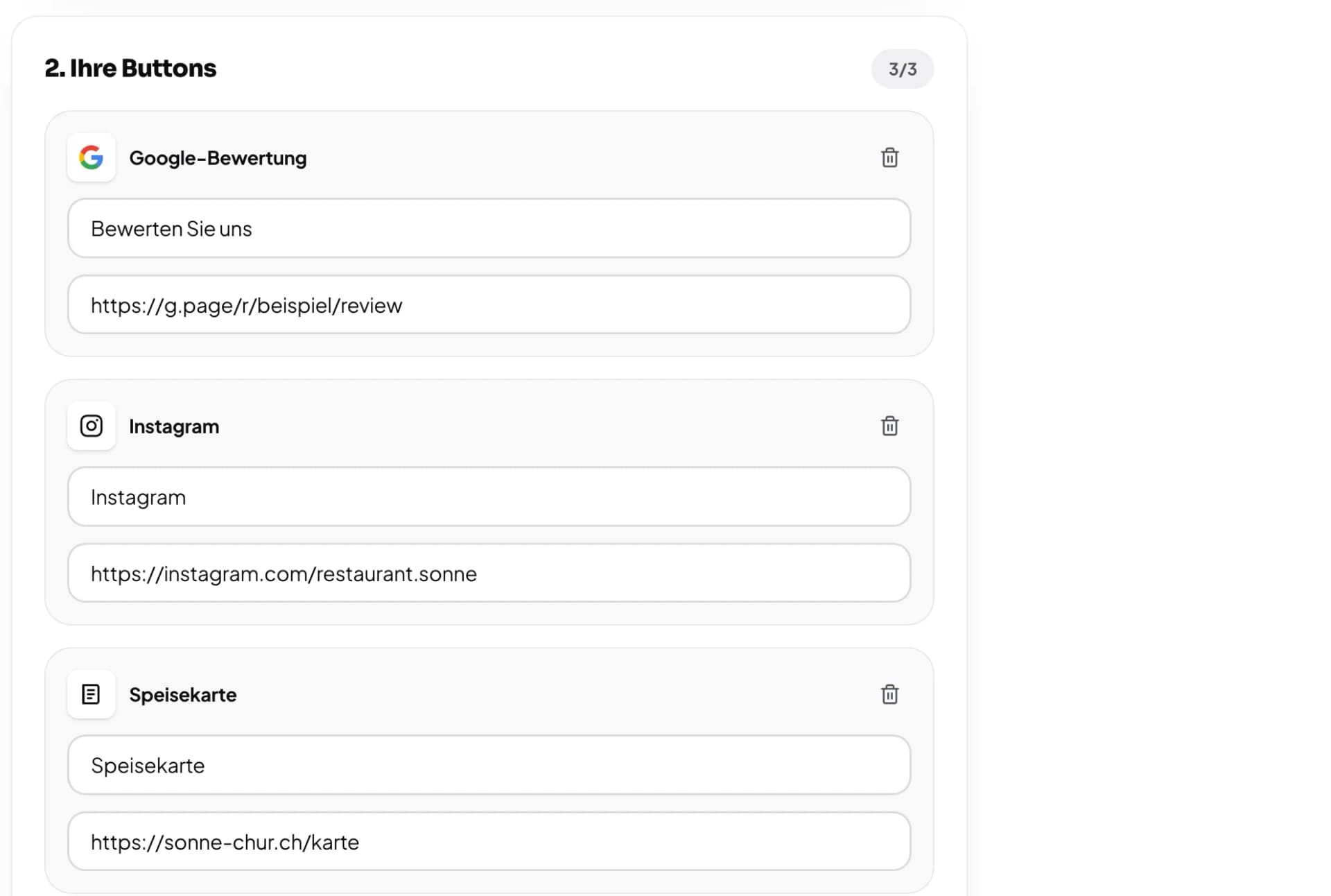 Formular «2. Ihre Buttons» mit Beschriftung und Ziel-Link je Button