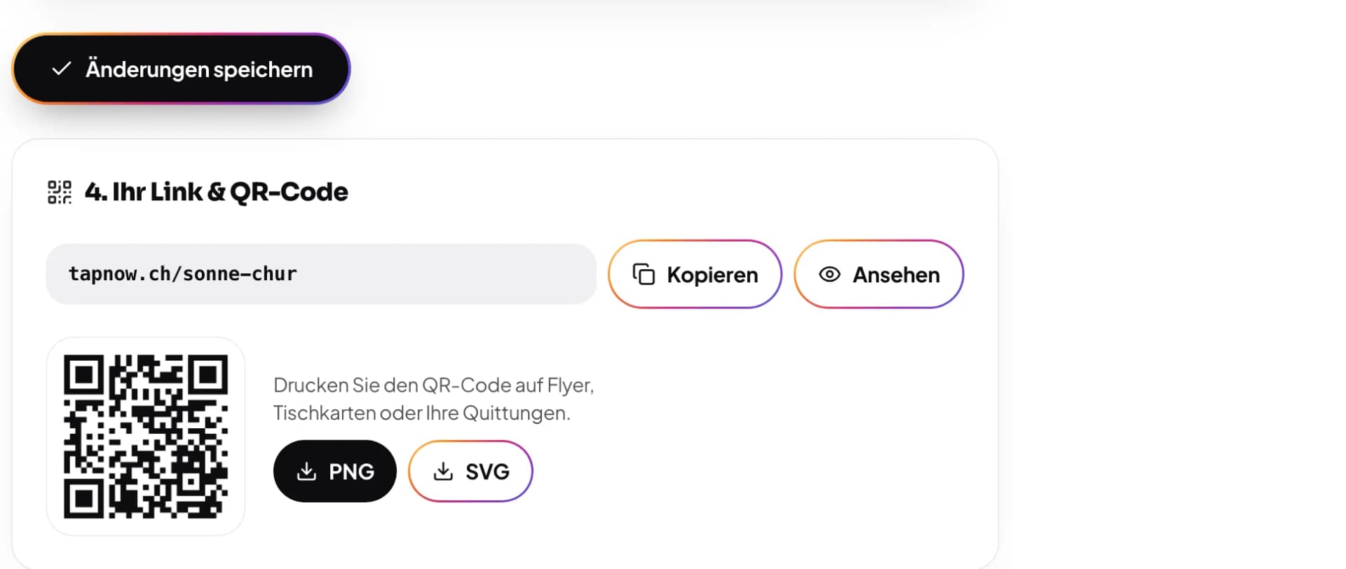 Bereich «4. Ihr Link & QR-Code» mit Speichern-Schaltfläche, Link, Kopieren und QR-Download