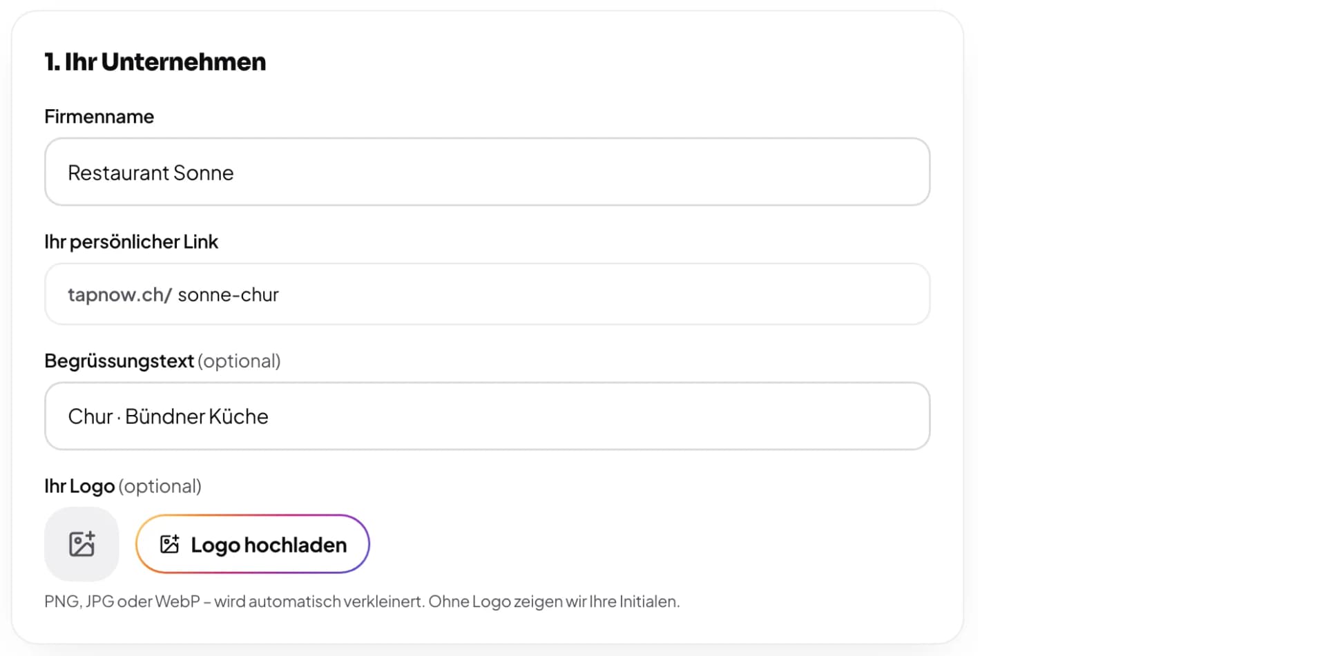 Formular «1. Ihr Unternehmen» mit Firmenname, persönlichem Link, Begrüssungstext und Logo-Upload