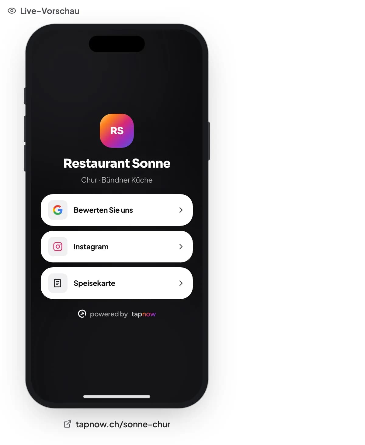 Live-Vorschau der Tap-Seite in einem Handy-Rahmen mit drei Buttons