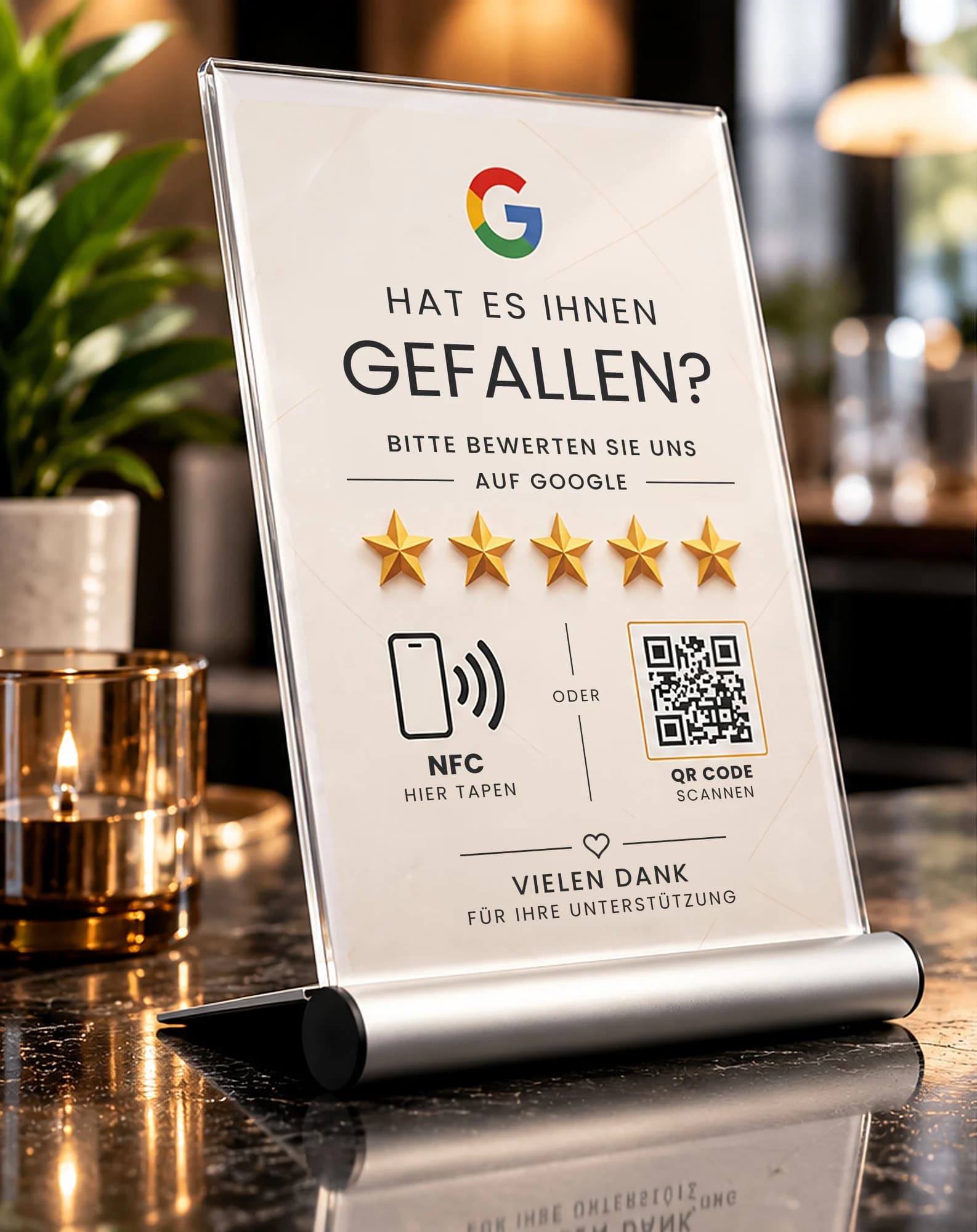 Silvana Google-Bewertungsaufsteller DIN A4 auf einem Marmortisch